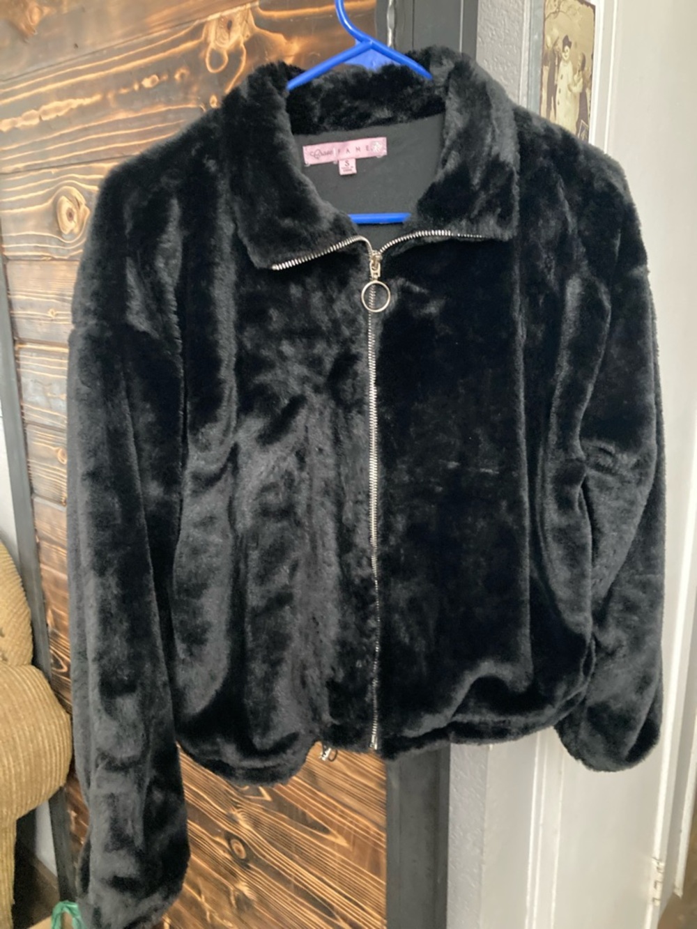 Crave Fame Black Faux Fur Zip-Front Teddy Jacket